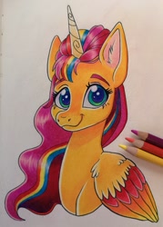 Size: 735x1024 | Tagged: safe, artist:art_alanis, imported from derpibooru, sunny starscout, alicorn, pony, ear fluff, female, g5, mane stripe sunny, mare, my little pony: a new generation, race swap, simple background, solo, sunnycorn, traditional art, white background