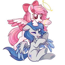 Size: 1000x1000 | Tagged: safe, artist:艾梦, imported from derpibooru, oc, oc only, oc:bubble cloud, oc:zephyrpony, pegasus, pony, derpibooru community collaboration, 2022 community collab, bow, couple, halo, simple background, tongue out, transparent background, wings