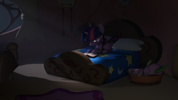 Size: 1920x1080 | Tagged: safe, artist:litterpaws, derpibooru exclusive, imported from derpibooru, spike, twilight sparkle, alicorn, 3d, bed, bedroom, golden oaks library, night, reading, sleeping, source filmmaker, twilight sparkle (alicorn)