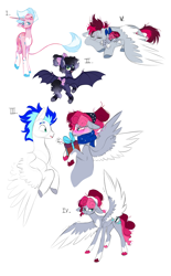 Size: 1512x2443 | Tagged: safe, artist:mewzynn, imported from derpibooru, oc, oc only, oc:coral sea, oc:midway, oc:polaria, oc:red galea, bat pony, pegasus, pony, unicorn, colored wings, female, lying down, male, mare, prone, simple background, sleeping, stallion, two toned wings, white background, wings