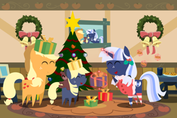 Size: 6000x4000 | Tagged: safe, artist:estories, artist:steampunk-brony, artist:steamy-the-brony, imported from derpibooru, applejack, oc, oc:ellison, oc:silverlay, pony, absurd resolution, canon x oc, christmas, christmas tree, cookie, cute, female, food, holiday, lesbian, magical lesbian spawn, ocbetes, offspring, parent:applejack, parent:oc:silverlay, parents:canon x oc, parents:silverjack, pointy ponies, present, shipping, silvabetes, silverjack, that pony sure does love cakes, that pony sure does love cookies, that pony sure does love eating, tree