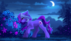 Size: 8000x4651 | Tagged: safe, artist:airiniblock, imported from derpibooru, oc, oc only, pony, unicorn, chest fluff, crescent moon, detailed background, flower, moon, scenery, smiling, solo