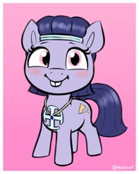 Size: 1120x1402 | Tagged: safe, artist:heretichesh, imported from derpibooru, oc, oc only, oc:crummydew, earth pony, pony, blushing, bucktooth, female, filly, foal, gradient background, looking at you, smiling, smiling at you, solo