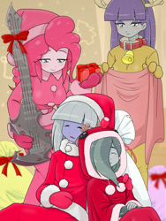 Size: 1668x2224 | Tagged: safe, artist:batipin, imported from derpibooru, limestone pie, marble pie, maud pie, pinkie pie, equestria girls, animal costume, bass guitar, christmas, clothes, costume, equestria girls-ified, eyes closed, female, gloves, hair over one eye, hat, holiday, musical instrument, pie sisters, reindeer costume, santa costume, santa hat, santa sack, siblings, sisters, sleeping