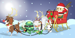 Size: 3535x1805 | Tagged: safe, artist:porygon2z, imported from derpibooru, angel bunny, gummy, opalescence, owlowiscious, tank, winona, bird, cat, dog, owl, rabbit, tortoise, animal, christmas, holiday, pet six, santa claus, snow, snowfall