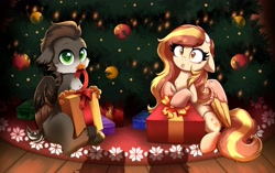 Size: 3432x2160 | Tagged: safe, artist:confetticakez, imported from derpibooru, oc, oc only, hippogriff, pegasus, pony, christmas, christmas tree, floppy ears, high res, holiday, looking at you, mouth hold, present, ribbon, tree, wide eyes