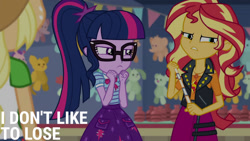 Size: 1280x720 | Tagged: safe, edit, edited screencap, editor:quoterific, imported from derpibooru, screencap, applejack, sci-twi, sunset shimmer, twilight sparkle, equestria girls, equestria girls series, rollercoaster of friendship, applejack's hat, belt, bowtie, clothes, cowboy hat, cutie mark on clothes, denim skirt, female, geode of empathy, glasses, hat, jacket, jewelry, leather, leather jacket, magical geodes, necklace, ponytail, skirt