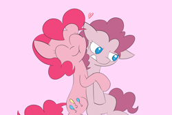 Size: 3000x2000 | Tagged: safe, artist:café con azúcar, imported from derpibooru, mean pinkie pie, pinkie pie, earth pony, pony, the mean 6, clone, cute, drawthread, duo, eyes closed, floating heart, heart, high res, hug, pink background, requested art, simple background, unamused