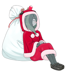 Size: 1614x1765 | Tagged: safe, artist:batipin, imported from derpibooru, part of a set, marble pie, equestria girls, christmas, clothes, costume, equestria girls-ified, eyes closed, female, hair over one eye, holiday, santa costume, santa sack, shoes, sleeping, solo