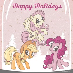 Size: 1080x1080 | Tagged: safe, artist:mylittleponyjpn, imported from derpibooru, applejack, fluttershy, pinkie pie, earth pony, pegasus, pony, christmas, holiday, instagram, japan, official, sitting