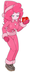 Size: 1047x2441 | Tagged: safe, artist:batipin, imported from derpibooru, part of a set, pinkie pie, equestria girls, breasts, christmas, clothes, costume, female, gift wrapped, gloves, hat, holiday, santa costume, santa hat, shoes, simple background, solo, transparent background