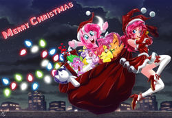 Size: 5082x3500 | Tagged: safe, alternate version, artist:mauroz, imported from derpibooru, apple bloom, pinkie pie, rarity, scootaloo, spike, sweetie belle, dragon, earth pony, human, pegasus, pony, unicorn, absurd file size, absurd resolution, anime, bag, bare shoulders, breasts, christmas, clothes, costume, cutie mark crusaders, female, hat, heart eyes, high heels, holiday, human ponidox, humanized, implied shipping, implied sparity, implied straight, male, mare, plushie, sack, santa claus, santa costume, santa hat, self paradox, self ponidox, shoes, sleeveless, snow, socks, stockings, thigh highs, wingding eyes