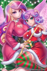 Size: 800x1208 | Tagged: safe, artist:racoonsan, imported from derpibooru, princess cadance, princess flurry heart, human, adult flurry heart, beautiful, boob window, breasts, busty princess cadance, busty princess flurry heart, christmas, clothes, costume, cute, cutedance, female, flurrybetes, hearth's warming, holiday, horn, horned humanization, humanized, mother and child, mother and daughter, older, older flurry heart, present, santa costume, socks, stockings, striped socks, thigh highs