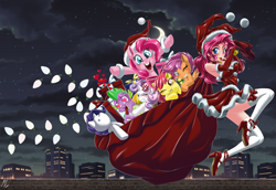 Size: 5082x3500 | Tagged: safe, artist:mauroz, imported from derpibooru, apple bloom, pinkie pie, rarity, scootaloo, spike, sweetie belle, dragon, earth pony, human, pegasus, pony, unicorn, absurd file size, absurd resolution, anime, bag, bare shoulders, breasts, christmas, clothes, costume, cutie mark crusaders, female, hat, heart eyes, high heels, holiday, human ponidox, humanized, implied shipping, implied sparity, implied straight, male, mare, plushie, sack, santa claus, santa costume, santa hat, self paradox, self ponidox, shoes, sleeveless, snow, socks, stockings, thigh highs, wingding eyes