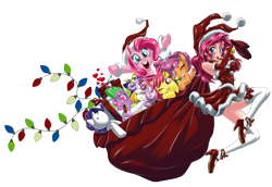 Size: 5082x3500 | Tagged: safe, artist:mauroz, imported from derpibooru, apple bloom, pinkie pie, rarity, scootaloo, spike, sweetie belle, dragon, earth pony, human, pegasus, pony, unicorn, absurd file size, absurd resolution, anime, bag, breasts, christmas, clothes, costume, cutie mark crusaders, female, hat, heart eyes, high heels, holiday, human ponidox, humanized, implied shipping, implied sparity, implied straight, male, mare, plushie, sack, santa claus, santa costume, santa hat, self paradox, self ponidox, shoes, simple background, snow, socks, stockings, thigh highs, transparent background, wingding eyes