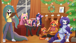 Size: 1920x1080 | Tagged: safe, alternate version, artist:howxu, imported from derpibooru, fluttershy, princess celestia, rarity, sunset shimmer, twilight sparkle, equestria girls, card, chibi, child, christmas, christmas lights, christmas tree, clothes, commission, door, duality, eyes closed, head pat, holiday, open mouth, pantyhose, pat, playing, ponied up, self paradox, snow, stocking feet, stockings, sweater, sweatershy, tree, younger