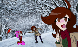 Size: 1592x974 | Tagged: safe, artist:rainbowbacon, imported from derpibooru, oc, oc:rainbowbacon, human, pegasus, pony, anime, anime style, christmas, clothes, forest background, hat, holiday, santa hat, scarf, selfie, snow