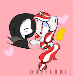 Size: 719x745 | Tagged: safe, artist:tialtri, imported from derpibooru, oc, oc:martin, oc:sinar bulan indonesia, alicorn, earth pony, pony, blushing, cute, daaaaaaaaaaaw, female, grim reaper, hair tie, heart, indonesia, looking at each other, looking at someone, male, mare, scythe, signature, stallion