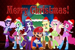 Size: 3000x2000 | Tagged: safe, artist:sugar-loop, artist:user15432, imported from derpibooru, applejack, fluttershy, pinkie pie, rainbow dash, rarity, twilight sparkle, alicorn, human, equestria girls, bowing, christmas, christmas gift, christmas lights, christmas presents, christmas star, christmas tree, cowboy hat, crossed arms, crossover, female, hand on hip, hat, high res, holiday, humane five, humane six, looking at you, male, maridash, mario, mariopie, marioshy, merry christmas, night, pegasus wings, ponied up, present, santa hat, straight, super mario bros., tree, twilight sparkle (alicorn), window, wings