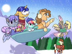 Size: 2732x2048 | Tagged: safe, artist:moccabliss, imported from derpibooru, oc, oc only, oc:amethyst shine, oc:cake pop, oc:cloud spirit, oc:pumpkin patch, oc:sona shy, oc:starjax, oc:summer sunrise, alicorn, earth pony, hybrid, pegasus, pony, unicorn, clothes, earmuffs, female, high res, interspecies offspring, magical lesbian spawn, male, mare, offspring, parent:applejack, parent:autumn blaze, parent:bulk biceps, parent:cheese sandwich, parent:fluttershy, parent:pinkie pie, parent:rainbow dash, parent:rarity, parent:sunburst, parent:thunderlane, parent:twilight sparkle, parent:zephyr breeze, parents:autumnjack, parents:cheesepie, parents:flutterbulk, parents:rarilane, parents:twiburst, parents:zephdash, scarf, snow, snowboard, stallion, sweater, winter cap