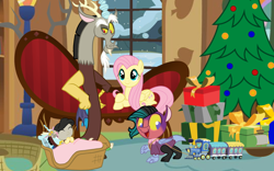 Size: 900x563 | Tagged: safe, artist:meadowlarkr, imported from derpibooru, discord, fluttershy, oc, oc:apollo, oc:meadow, draconequus, hybrid, pegasus, pony, base used, christmas, christmas tree, doll, female, filly, foal, hand on hip, holiday, present, snow, toy, train, tree, vector