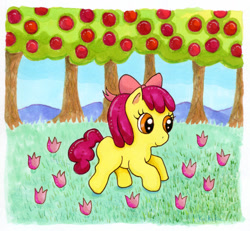 Size: 900x830 | Tagged: safe, artist:kaikaku, imported from derpibooru, apple bloom, earth pony, pony, apple, apple tree, female, filly, flower, foal, grass, solo, tree