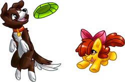 Size: 770x507 | Tagged: safe, artist:fizzy-dog, imported from derpibooru, apple bloom, winona, dog, earth pony, pony, female, filly, foal, frisbee, simple background, transparent background