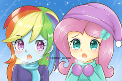 Size: 1000x673 | Tagged: safe, artist:fluttershy_art.nurul, imported from derpibooru, fluttershy, rainbow dash, equestria girls, season 1, winter wrap up, child, clothes, cute, dashabetes, female, hairpin, lesbian, shipping, shyabetes, winter, winter outfit
