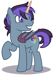 Size: 2680x3650 | Tagged: safe, artist:strategypony, imported from derpibooru, oc, oc only, oc:patagium, alicorn, bat pony, bat pony alicorn, pony, alicorn oc, bat pony oc, bat wings, folded wings, full body, grin, high res, horn, male, raised hoof, request, shadow, show accurate, simple background, slit pupils, smiling, solo, stallion, standing, tail, transparent background, two toned mane, two toned tail, wings