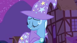 Size: 1280x720 | Tagged: safe, imported from derpibooru, screencap, trixie, pony, unicorn, boast busters, season 1, cape, clothes, eyes closed, female, grin, hat, house, mare, night, outdoors, smiling, solo, trixie's cape, trixie's hat