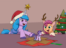 Size: 1500x1100 | Tagged: safe, artist:mew-me, imported from derpibooru, izzy moonbow, starlight glimmer, sunny starscout, earth pony, pony, unicorn, antlers, christmas, christmas star, christmas tree, cute, duo, excited, female, figurine, g5, happy, hat, holiday, izzy impaling things, izzybetes, mare, my little pony: a new generation, open mouth, open smile, santa hat, smiling, sunnybetes, tree