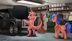 Size: 1280x730 | Tagged: safe, artist:sa1ntmax, imported from derpibooru, oc, oc only, oc:griffin, oc:idris, dragon, pegasus, pony, butt, car, facial hair, fire extinguisher, garage, hoist, indoors, lathe, light, moustache, plot, plug, workshop