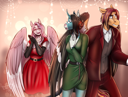 Size: 2240x1704 | Tagged: safe, artist:blackblood-queen, imported from derpibooru, oc, oc only, oc:annie belle, oc:april showers, oc:sunstreak quartz, anthro, dracony, dragon, hybrid, pegasus, unguligrade anthro, unicorn, annieak, anthro oc, clothes, digital art, dress, fangs, female, glasses, hair bun, horn, male, mare, mother and child, mother and son, oc x oc, pegasus oc, shipping, smiling, stallion, story in the source, straight, unicorn oc, worried