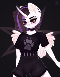 Size: 1835x2369 | Tagged: safe, artist:elektra-gertly, imported from derpibooru, princess celestia, alicorn, anthro, between dark and dawn, choker, clothes, ear piercing, earring, female, goth, jewelry, looking at you, piercing, punklestia, shirt, shorts, solo, t-shirt