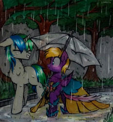 Size: 1920x2068 | Tagged: safe, artist:alexdti, artist:liaaqila, imported from derpibooru, oc, oc only, oc:purple creativity, oc:star logic, pegasus, pony, unicorn, blushing, clothes, dress, rain, traditional art, tree, umbrella