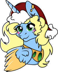 Size: 1158x1444 | Tagged: safe, artist:tired-horse-studios, imported from derpibooru, oc, oc only, alicorn, pony, alicorn oc, bust, christmas, colored wings, female, folded wings, green eyes, hat, holiday, horn, mare, portrait, santa hat, simple background, solo, transparent background, two toned wings, wings