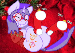 Size: 1449x1020 | Tagged: safe, artist:joey darkmeat, artist:mellow91, artist:skrapsu, imported from derpibooru, oc, oc only, oc:glass sight, pony, unicorn, adorkable, butt, christmas, christmas sweater, clothes, cute, dork, eyes closed, female, glasses, grin, happy, hearth's warming, holiday, horn, jingle bells, lying down, mare, ocbetes, on back, onomatopoeia, plot, smiling, socks, solo, sound effects, sweater, unicorn oc