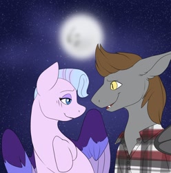 Size: 2033x2048 | Tagged: safe, artist:spectfool, imported from derpibooru, queen haven, oc, oc:devin, bat pony, pegasus, pony, age difference, blushing, canon x oc, clothes, couple, female, flannel, g5, high res, looking at each other, looking at someone, love, male, mare, moon, moonlight, my little pony: a new generation, night, plaid shirt, romantic, shipping, shirt, smiling, snow, snowflake, stallion, straight, wholesome