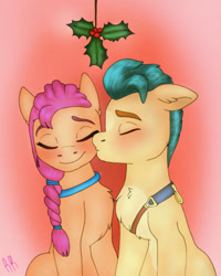 Size: 1102x1378 | Tagged: safe, artist:rosekimart, imported from derpibooru, hitch trailblazer, sunny starscout, earth pony, pony, cheek kiss, christmas, duo, female, g5, holiday, holly, holly mistaken for mistletoe, kissing, love, male, mare, my little pony: a new generation, shipping, stallion, straight, sunnyhitch