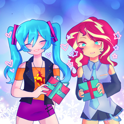 Size: 1280x1280 | Tagged: safe, artist:panimeko, imported from derpibooru, sunset shimmer, human, equestria girls, anime, blushing, christmas, clothes, clothes swap, crossover, cute, duo, eyes closed, female, geode of empathy, hatsune miku, heart, holiday, humanized, jacket, jewelry, leather jacket, magical geodes, necklace, open mouth, present, shimmerbetes, shirt, skirt, stars, t-shirt, vocaloid