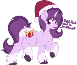 Size: 3532x2972 | Tagged: safe, artist:czu, imported from derpibooru, oc, oc only, oc:czupone, pony, unicorn, alternate cutie mark, butt, christmas, dock, ear fluff, hat, high res, holiday, male, plot, present, santa hat, simple background, solo, stallion, tail, text, transparent background, underhoof, unshorn fetlocks