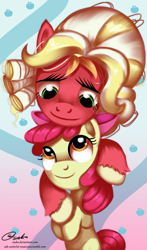 Size: 1200x2034 | Tagged: safe, artist:esuka, imported from derpibooru, apple bloom, big macintosh, earth pony, pony, brotherhooves social, crossdressing, female, filly, foal, male, orchard blossom, siblings, stallion