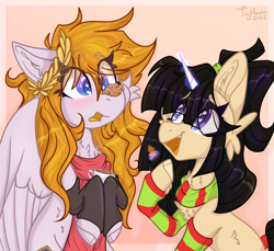 Size: 2010x1843 | Tagged: safe, artist:tizhonolulu, imported from derpibooru, oc, oc:cookie byte, oc:tiz honolulu, pegasus, pony, unicorn, cheek fluff, chest fluff, chocolate, clothes, cookie, duo, female, food, headband, hot chocolate, magic, mug, oc x oc, ponytail, scarf, shipping, socks, striped scarf, striped socks