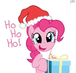 Size: 3000x2880 | Tagged: safe, artist:dashyoshi, imported from derpibooru, pinkie pie, earth pony, pony, christmas, clothes, costume, dialogue, fake beard, hat, high res, ho ho ho, holiday, looking at you, open mouth, open smile, present, santa claus, santa costume, santa hat, simple background, smiling, smiling at you, solo, transparent background, vector