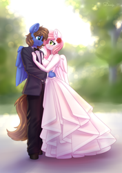 Size: 3508x4962 | Tagged: safe, artist:dandy, imported from derpibooru, oc, oc only, oc:bizarre song, oc:sugar morning, anthro, pegasus, unguligrade anthro, blushing, bowtie, clothes, commission, dress, duo, female, flower, flower in hair, high res, looking into each others eyes, male, marriage, oc x oc, shipping, straight, sugarre, suit, wedding, wedding dress, wings