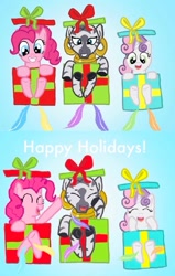 Size: 563x887 | Tagged: safe, artist:princessdestiny200i, imported from derpibooru, pinkie pie, sweetie belle, zecora, earth pony, pony, unicorn, zebra, box, christmas, ear piercing, earring, eyes closed, feather, female, filly, foal, gift wrapped, grin, holiday, hoof tickling, jewelry, laughing, mare, neck rings, open mouth, piercing, present, raisedhoof, smiling, tickle torture, tickling, trio
