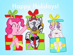 Size: 1024x768 | Tagged: safe, artist:princessdestiny200i, imported from derpibooru, pinkie pie, sweetie belle, zecora, earth pony, pony, unicorn, zebra, box, christmas, ear piercing, earring, eyes closed, feather, female, filly, foal, gift wrapped, grin, holiday, hoof tickling, jewelry, laughing, mare, neck rings, open mouth, piercing, present, raisedhoof, smiling, tickle torture, tickling, trio