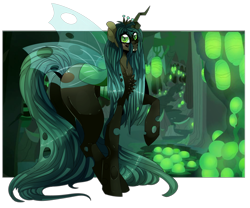 Size: 6000x5000 | Tagged: safe, artist:fluffideer, imported from derpibooru, queen chrysalis, changeling, changeling queen, butt, cave, egg, female, plot, raised hoof, simple background, smiling, solo, transparent background