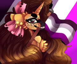 Size: 6000x5000 | Tagged: safe, artist:fluffideer, imported from derpibooru, oc, oc only, oc:warcry, pony, unicorn, asexual pride flag, bow, bust, chest fluff, eyelashes, female, hair bow, mare, mouth hold, pride, pride flag, solo