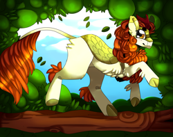 Size: 5509x4351 | Tagged: safe, artist:fluffideer, imported from derpibooru, autumn blaze, kirin, cloven hooves, female, leonine tail, outdoors, raised hoof, smiling, solo, tail